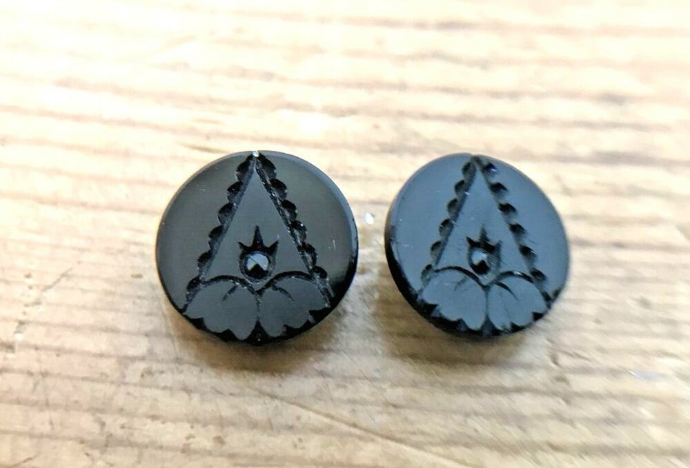 Vintage Antique Set Pair 2 Victorian Black Glass Tiny Shank Buttons